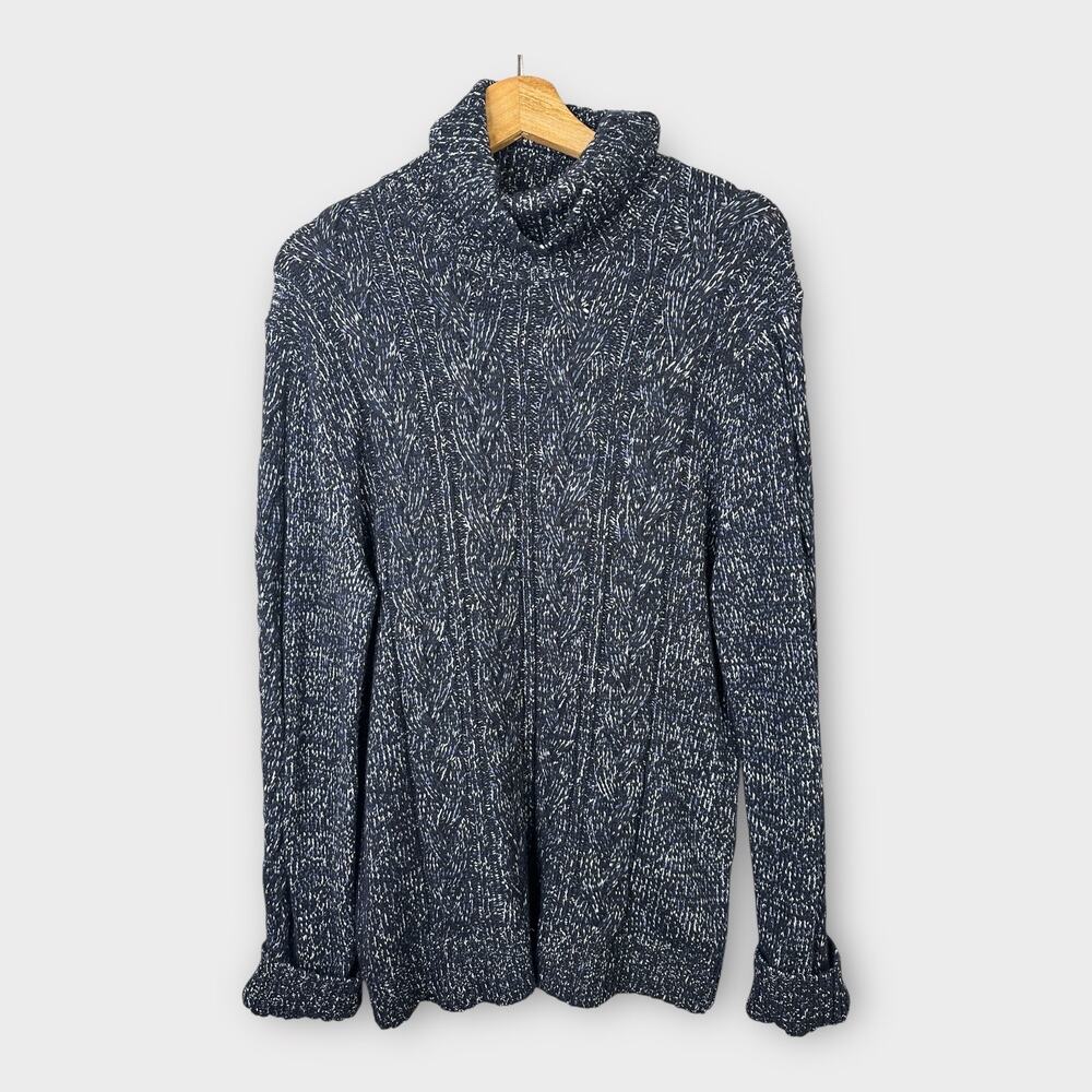 Banana Republic Women size Large Cable Knit Turtleneck Sweater Blue Italian Wool